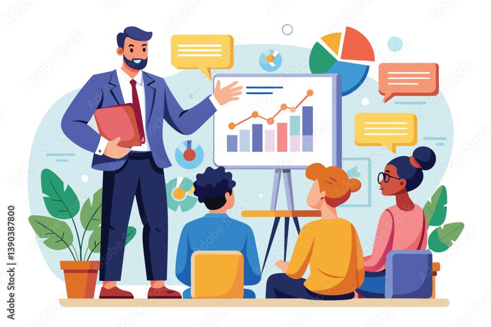 Poster a businessman is presenting data and charts to a diverse team during a meeting. he is standing and p