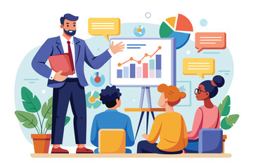 A businessman is presenting data and charts to a diverse team during a meeting. He is standing and pointing at a whiteboard, while the team members are seated and listening attentively.