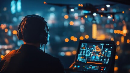 A person controls a drone with a screen at night