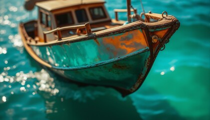 Obraz premium The image depicts a vintage yacht's weathered hull, with a metallic fabric reflecting iridescent colors from a spilled petroleum droplet. Warm sunlight highlights the scene.