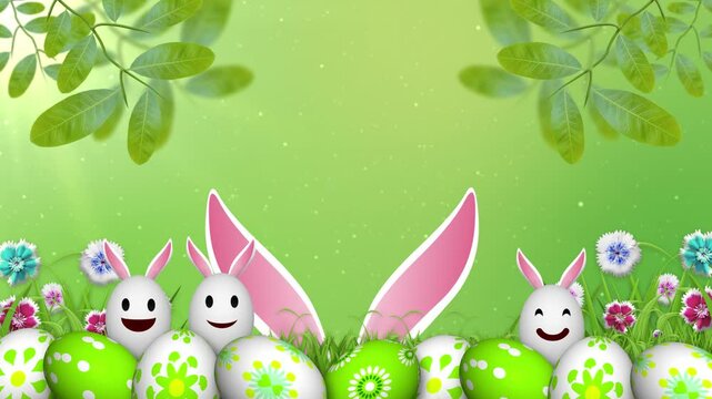 funny expression easter eggs on green nature theme easter background. happy easter eggs, flowers, branch, sunlight and decorated eggs animation.