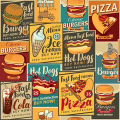 vector seamless retro pattern of posters on the theme of restaurants and shops fast food, drinks, pizzerias and ice cream. Hamburger, cheeseburger, hot dog
