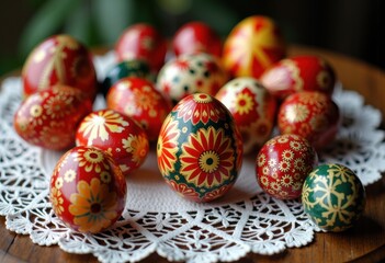 Fototapeta premium Colorful decorated Easter eggs arranged on a lace doily