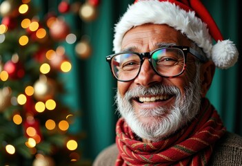 Joyful elderly man wearing a Santa hat smiles in front of a Christmas tree
