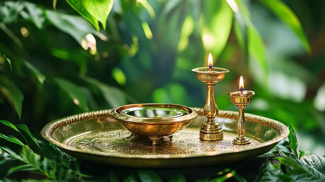 Traditional Indian brass Nilavilakku lamp and mirror on green background, Vishu festival elements in Kerala