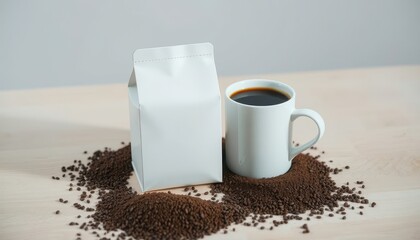 ⁨Hyperrealistic photograph, coffee box clean mockup, light wooden table, ground coffee, cup of coffee. A minimalist coffee box sits on a light Scandinavian-style wooden table