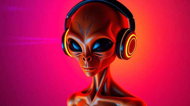 Alien, headphones, neon, futuristic, extraterrestrial, music, colorful, sci-fi, glowing, cyber, tech, vibrant, electronic, DJ, rave, party, space, otherworldly, modern, digital, illuminated, surreal, 