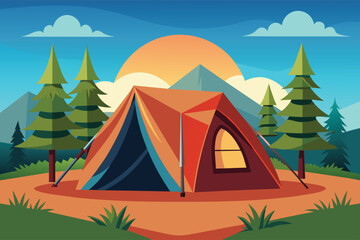 A colorful illustration of a camping tent set up in a forest clearing with mountains in the background, as the sun sets.