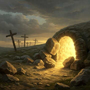 Crucifica&ccedil;&atilde;o e Ressurrei&ccedil;&atilde;o. T&uacute;mulo vazio de Jesus com cruzes ao fundo. Conceito de P&aacute;scoa ou Ressurrei&ccedil;&atilde;o. Ele ressuscitou. Feliz P&aacute;scoa.