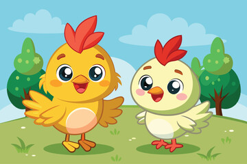 Two baby chicks stand on a grassy field, smiling and looking at each other. The chicks are yellow and white with red combs. They are surrounded by green trees and a blue sky with clouds.