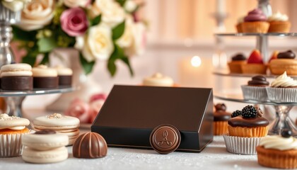 ⁨Realistic photograph, chocolate box, dessert table, wedding reception. An elegant chocolate box mockup is displayed among an array of delectable desserts on a wedding dessert table. 