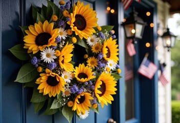 Bright sunflower wreath adorned with daisies, perfect for home decor