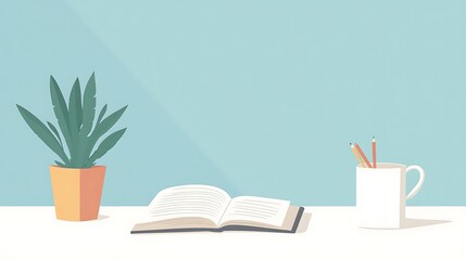 Open book, pencils, plant on desk.