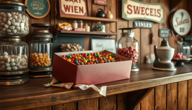 ⁨Photorealistic photograph, candy box, vintage sweet shop display. A charming candy box mockup is propped open on a shelf in a classic vintage sweet shop. Colorful candies overflow from the box