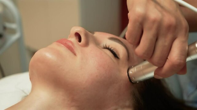 Lady getting face treatment performed by expert esthetician in spa. Darsonval Treatment, Ultrasonic Cavitation Therapy. Skincare session, facial care, wrinkle-reducing therapy for grown woman