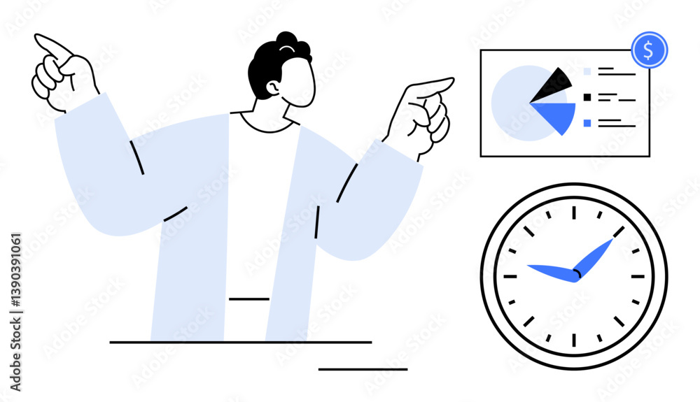Poster professional gesturing towards data charts, pie graphs, and a clock. represents analytics, business 