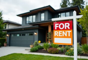 Fototapeta premium Modern house with a vibrant For Rent sign in front of a well-maintained garden
