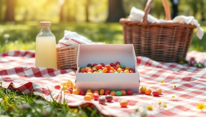 ⁨Hyper Realistic photograph, candy box mockup, picnic blanket, sunlit park scene. A colorful candy box is placed on a checkered picnic blanket in a sunny park.