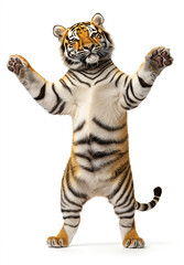 Obraz premium happy tiger dance , stand up by two legs and funny dance , smile, realistic pose, full body, natural light, full hd 8K, white isolated background, hyperrealistic photography
