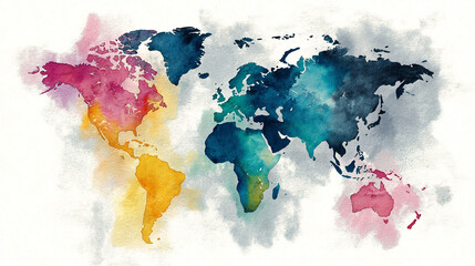 Watercolor world map illustration with continents in vibrant colors and cloudy white background