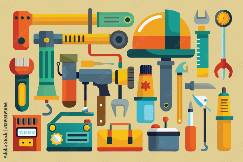 Poster an illustration featuring various tools and equipment in a flat design style, showcasing a colorful 