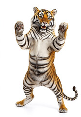 happy tiger dance , stand up by two legs and funny dance , smile, realistic pose, full body, natural light, full hd 8K, white isolated background, hyperrealistic photography