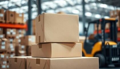Photorealistic photograph, clean mockup cardboard shipping box. Warehouse, stacked boxes, forklift background. A plain cardboard shipping box sits on top of a stack of similar boxes in a warehouse