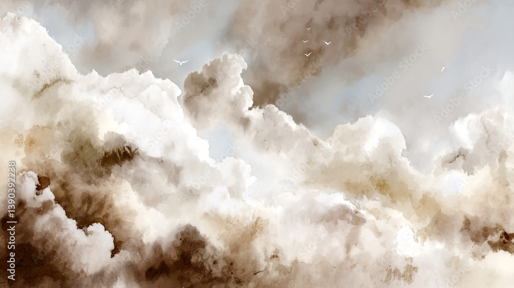 Poster artistic rendering of fluffy clouds with birds in the sky in a soft color palette and dreamy atmosph