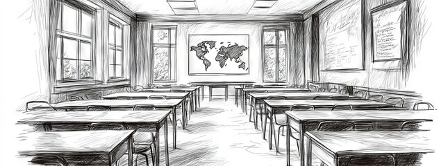 Fototapeta premium The interior of a modern school classroom is shown in a black and white sketch illustration