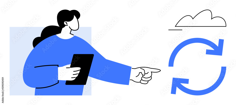 Poster woman holding a tablet and pointing towards a cloud with circular sync arrows. ideal for cloud compu