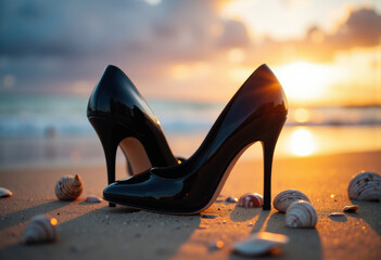 Naklejka premium Elegant black high heels on a sandy beach at sunset with seashells