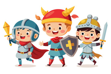 Three children are depicted as knights in a cartoon illustration. They are smiling and holding swords and shields. The illustration is bright and colorful.