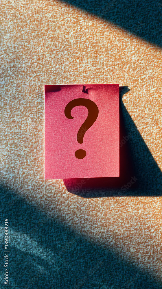 Poster pink sticky note with brown question mark, on textured beige surface, lit by sunlight creating shado