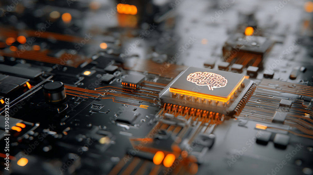 Poster close-up of a circuit board with a central processor showcasing a brain icon, illuminated in orange,