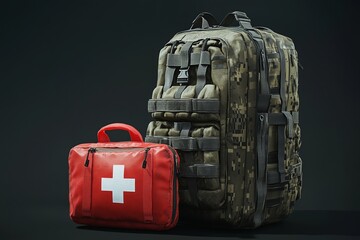  Military backpack placed next to a medical health pouch, set on a rugged surface, evoking preparedness and survival