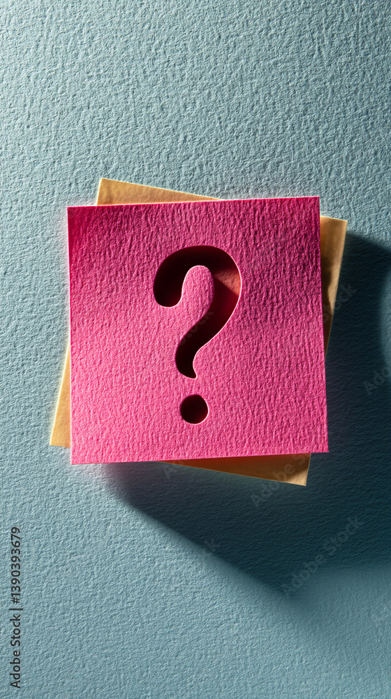 Poster pink and beige textured paper notes layered, pink note features cutout question mark, symbolizing in