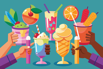 A vibrant illustration of six different summer drinks and ice creams held by cartoon hands, showcasing a variety of flavors and styles.