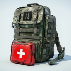  Military backpack placed next to a medical health pouch, set on a rugged surface, evoking preparedness and survival