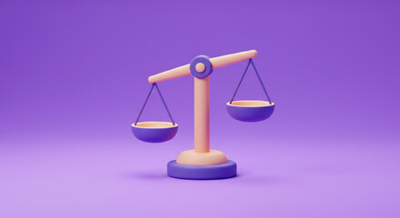 A whimsical 3D rendering of scales of justice, symbolizing balance and fairness in a pastel purple world.