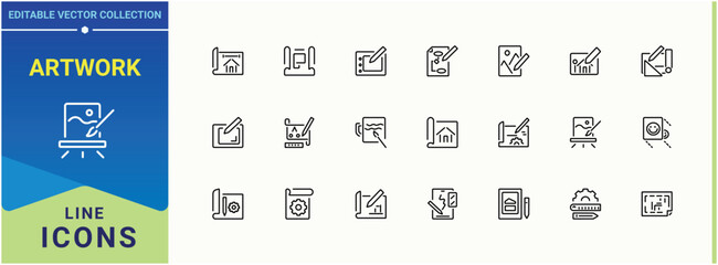 Artwork icon collection. Includes symbols for draw, graphic, creative, sketch, art and more. Drawing line icon. Line icons with editable stroke. Pixel perfect. Vector collections.