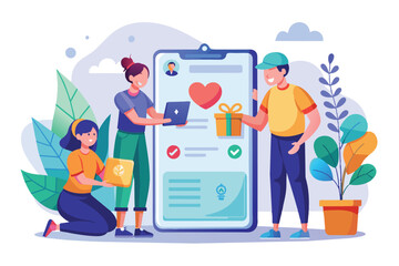 Illustration shows online charity platform with 3 people on a large smartphone: one is donating, one receiving, and one managing.