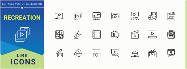 Recreation simple icon set. Containing travel, festival, vacation, celebration, party and more. Entertainment line icon. Expanded stroke icons. Vector artwork and illustration.