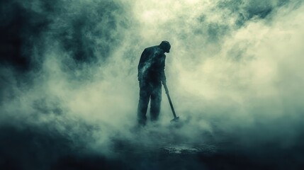 A silhouetted figure is working in a dense and foggy environment