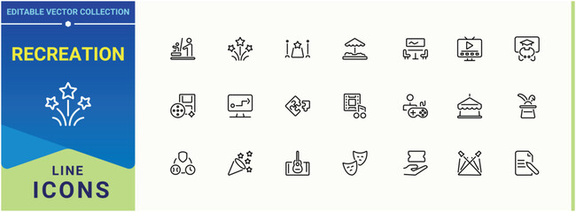 Recreation simple icon set. Containing travel, festival, vacation, celebration, party and more. Entertainment line icon. Expanded stroke icons. Vector artwork and illustration.
