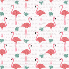 Seamless trendy pattern with cartoon flamingo. Simple vector illustration for prints, clothing, packaging and postcards.