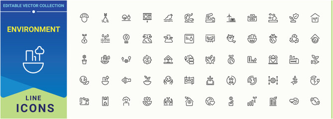 Environment icon set in linear style. Includes symbols for green, sustainability, eco, energy, forest and more. Ecosystem linear icon. Conceptual pictogram and infographic.