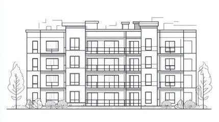 Architectural drawing of apartment buildings, city scene, urban landscape, for blueprint or design concepts