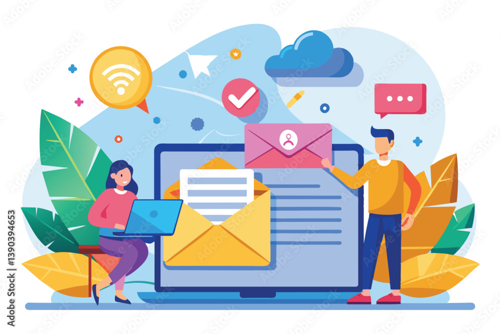 Poster illustration depicting two individuals using laptops to send and receive emails, with a cloud icon a