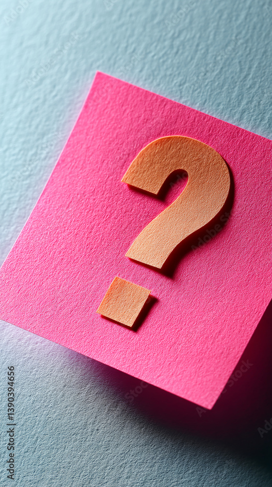Poster pink textured paper with orange question mark, representing inquiry, doubt, or uncertainty, suitable