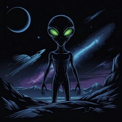 A mysterious alien stands under a starry night sky, glowing green eyes shining brightly, its slender body silhouetted against the darkness